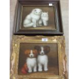 A pair of oils on canvas of two white cats and two puppies