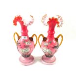 A pair of Victorian pink opal glass bird and floral vases, height 13"