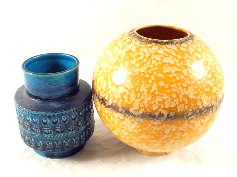 A Czech globular mottled vase and a blue glazed vase