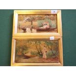 A pair of oils on board of ladies in punts, titled "A Corner of the Lake" and "Forecast of Summer",