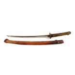 A Japanese Wakizashi with signed Tang (Nakago) in leather covered Saya