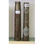 Two WWII dated "Trench Art" Brass shell cases decorated with Pennies and badges