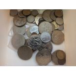 Various coins, postcards,