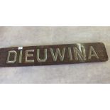 A wooden name plaque from Dutch trawler Dieuwina WR45,
