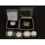 Various Silver proof GB coins, two 1/2 ounce Britannia coins, 1996 £2 Piedfort coin,