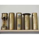 Five WWI (all dated) Brass shell cases some with "Trench Art" work