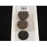 Three 18th Century 1/2d trade tokens, John Finchmans Haverhill 1794,