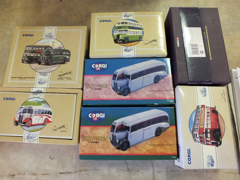 Seven boxed Corgi models, Golden Jubilee bus CC25902, two grey green AEC Regal 97180,