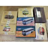 Seven boxed Corgi models, Golden Jubilee bus CC25902, two grey green AEC Regal 97180,