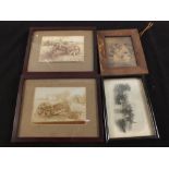 Four sepia photos of early agricultural machines and a Yarmouth engraving