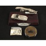 A Jaguar E Type desk ornament and two other items