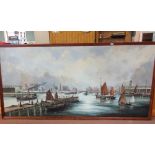 Joe Crowfoot, extensive oil on board, view of Lowestoft Harbour with numerous vessels,