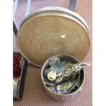 Two circular Brass table tops and Brass jardinière and horse brasses