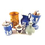 Three pieces of Wedgwood blue Jasperware and other china and pottery