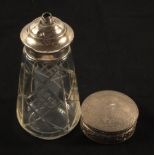 A Silver top cut glass casket and Indian Silver metal box