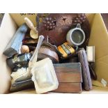 A cased drawing set plus wood and metal sundries