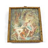 An image of a semi naked women cavorting in woodland scene,