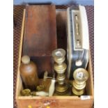 A 19th Century Pine box, Brass candlesticks,