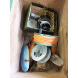 A Norwegian blue cheese box containing two large tin plate and other lures,