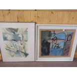 Four contemporary prints and a watercolour