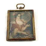 A 19th Century miniature of a seated regal lady holding a crown in Brass backed frame,