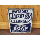 A blue and white double sided enamel sign for Watsons Matchless Cleanser, Nubolic Soap,