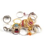 Fourteen various Silver rings and one metal ring set with Moonstone, Topaz, Tourmaline,