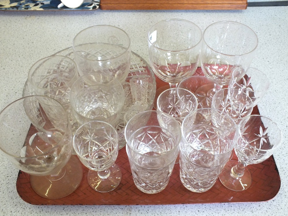 A cut glass bowl and various wine glasses and tumblers etc