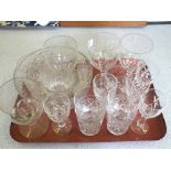 A cut glass bowl and various wine glasses and tumblers etc