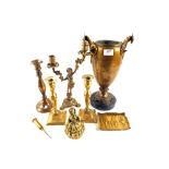 A 19th Century gilt metal oil lamp base, Victorian Brass candlesticks,