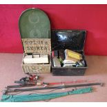 Three fishing rods and various tackle including Farlow, Mitchell reels,