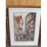 Margaret Hanbury Frere watercolour of a continental street scene and two prints