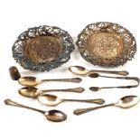 A set of six Silver coffee spoons, thimble,