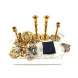 A Silver plated and glass foie gras dish and Brass candlesticks etc