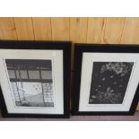 Three Japanese prints and Michael Bullen abstract watercolour