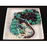 Five necklaces, Amethyst, Turquoise, Blue and White Kieshi Pearls,