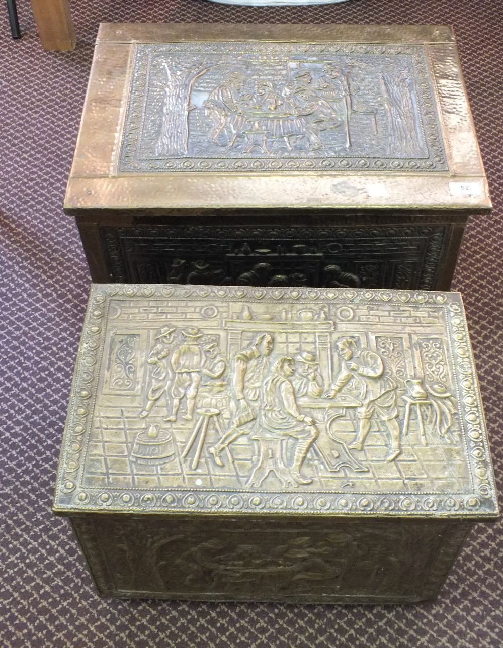 Two embossed Brass log bins