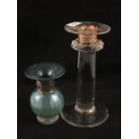 A signed glass vase and candlestick,