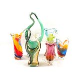 Six various large Murano multi coloured glass vases etc