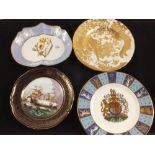 A selection of collectors plates and a Royal Crown Derby gold Aves plate