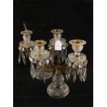 A pair of cut glass and gilt metal two branch candelabra with droplets (some damage to sconces)