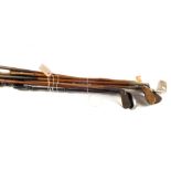 A Victorian Copper warming pan, fish grip walking stick,