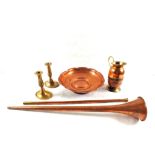 A pair of Brass candlesticks and Copper items