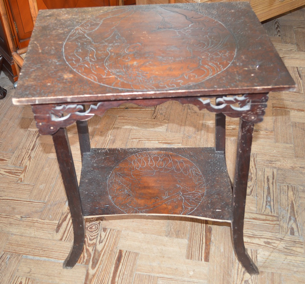 A carved hanging corner cupboard and poker work style table - Image 2 of 2