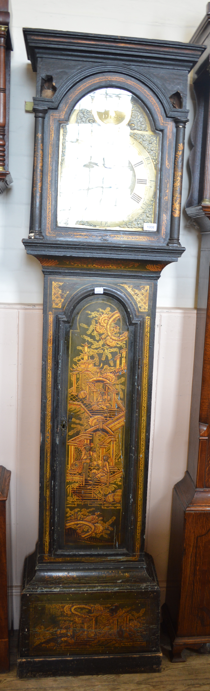 A green Japanned flat headed eight day longcase clock with Brass face and dial, - Image 2 of 2