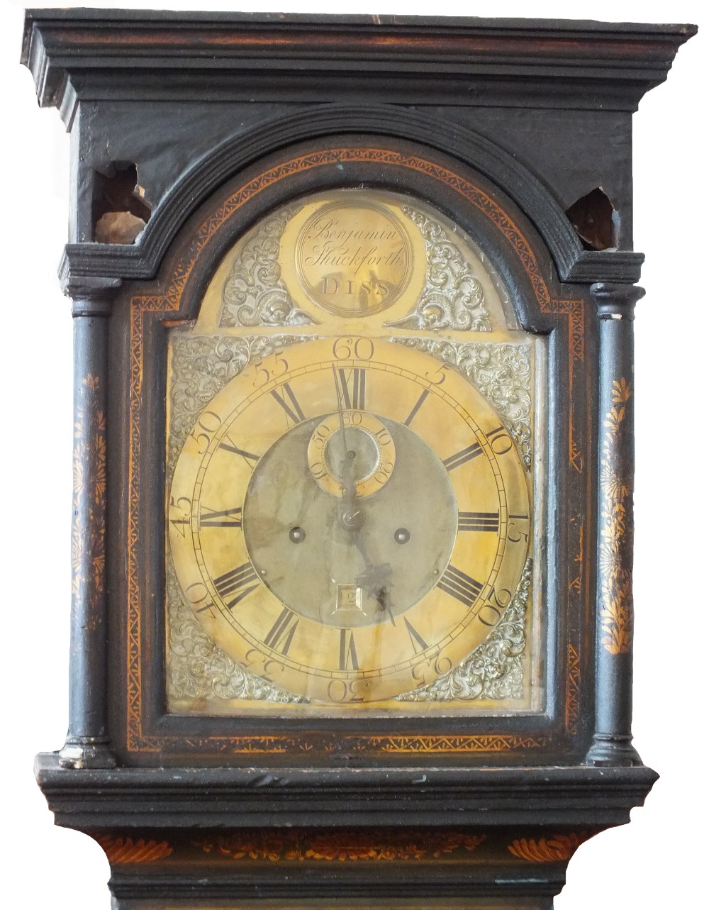 A green Japanned flat headed eight day longcase clock with Brass face and dial,