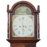 A Mahogany eight day longcase clock with painted broken arch dial depicting a country house with