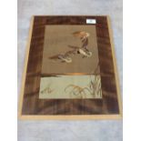 An inlaid wooden panel of flying ducks after a design by Peter Scott,