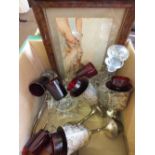 A box of mixed glasses including six Babycham and six red and plated goblets plus a watercolour of