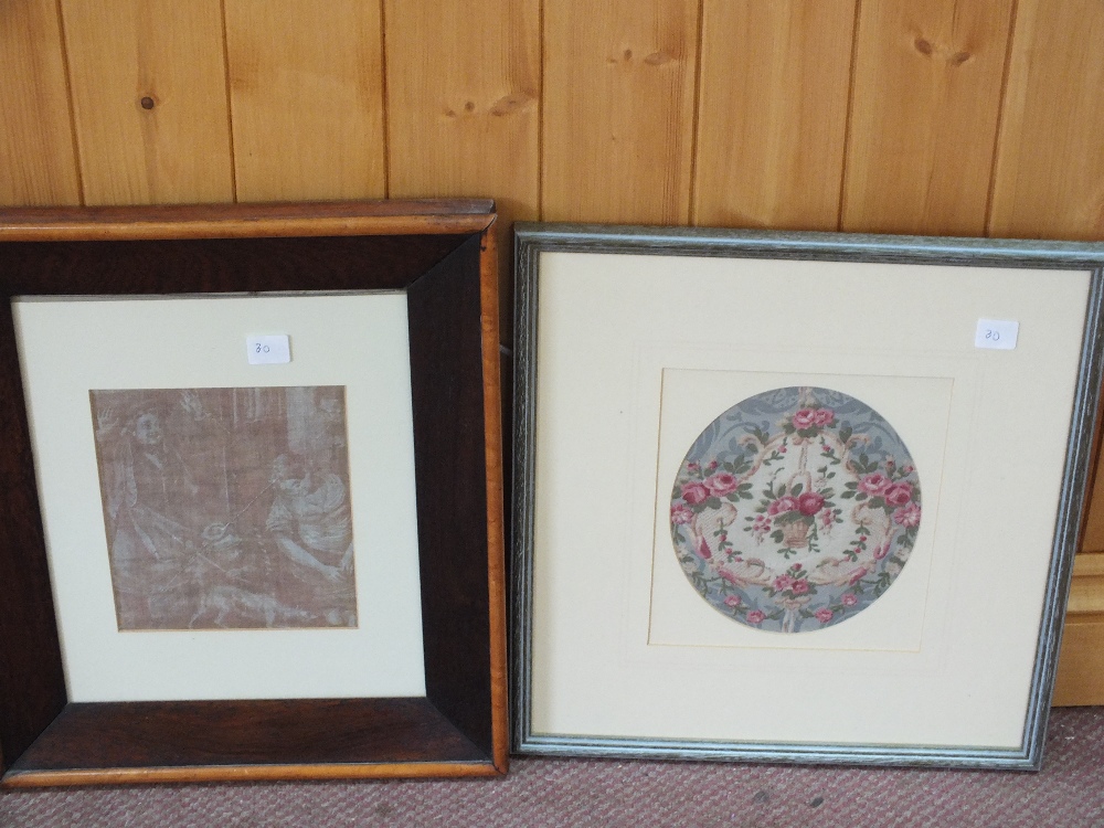 A Japanese silk embroidered bird panel plus one other silk and four various printed fabrics